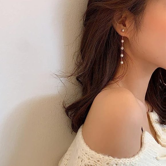 4" Long Pearl Gold Chain Earrings Bridal Bride Chains Faux Pearls Weddin… - Picture 1 of 5